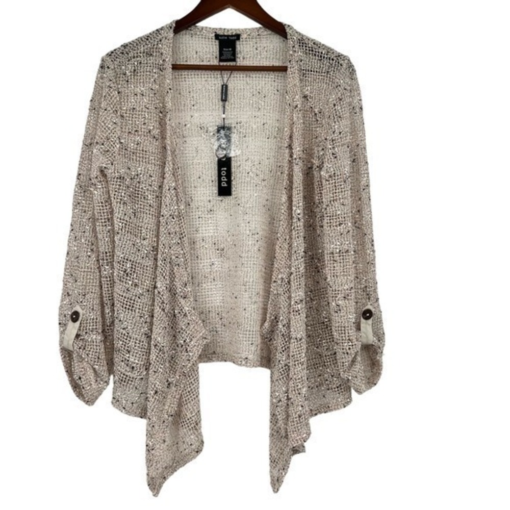 NEW Katie Todd Women Open Front Cardigan Fishnet Waterfall Sweater Gray medium
